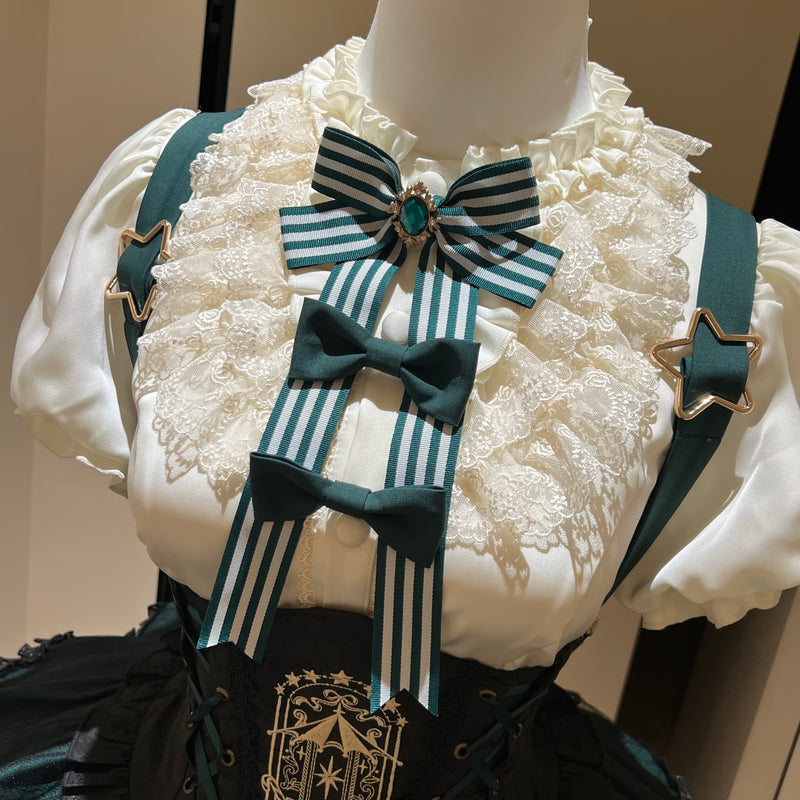 [pre-order Deadline: May 20] Magical Girl Lolita Lace Puff Sleeve Shirt + Black X Green Ribbon Corset Tiered Dress + Mini Hat