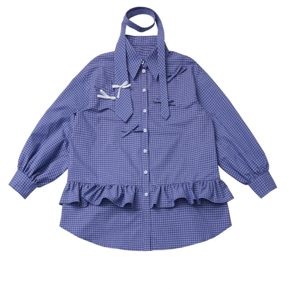 Plaid Tie Blouse Ursus Camisole + Skirt + Short Top