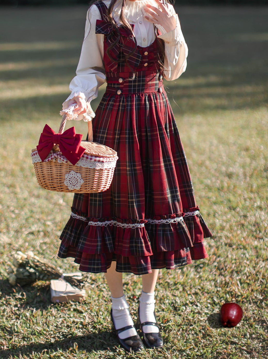 Little Red Riding Hood Cape Ribbon Coat + Pleated Collar Shirt + Plaid Tiered Dress + Head Scarf