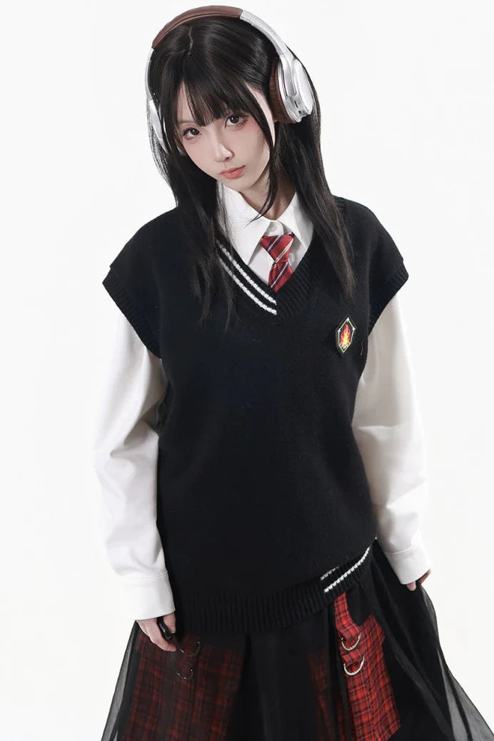 College Knit Vest + Shirt + Long Skirt + Pants + Tie