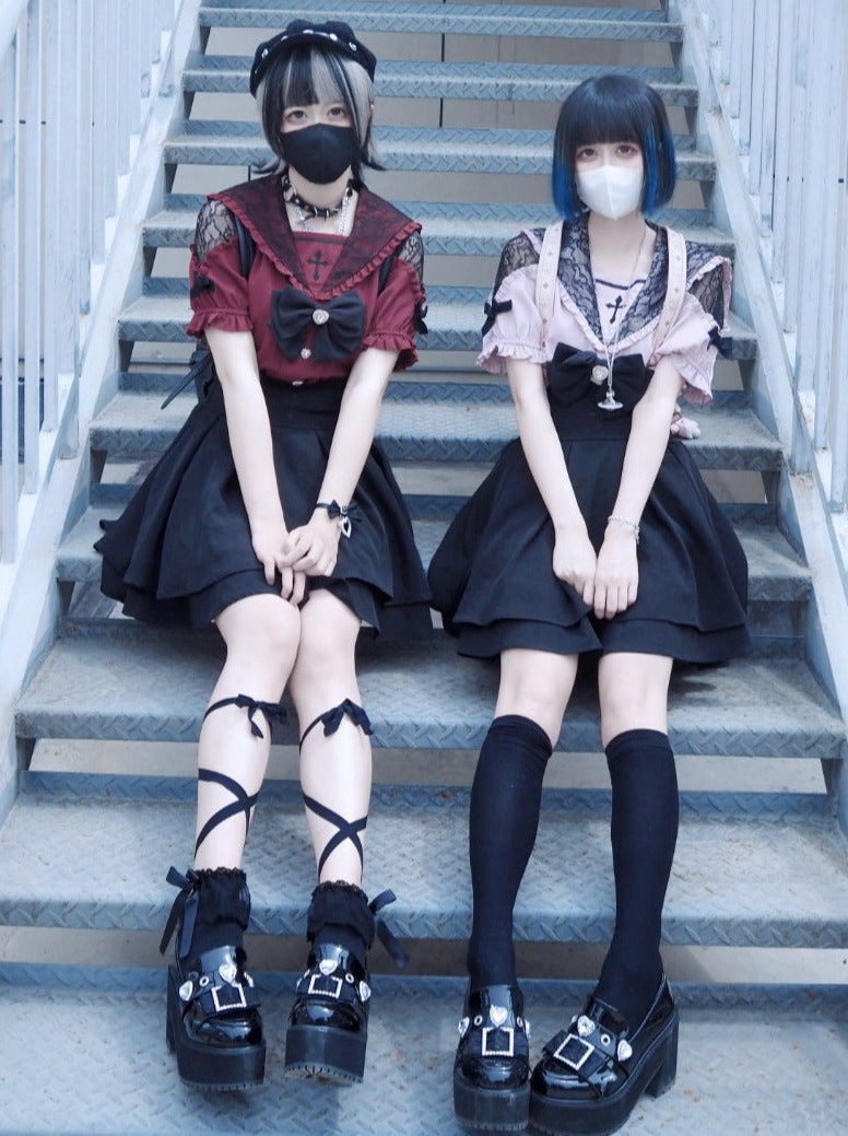 [pre-order] Lace Cross Collar Top + High Waist Skirt