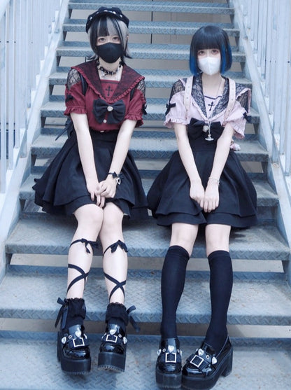 [pre-order] Lace Cross Collar Top + High Waist Skirt