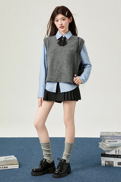 Gray Knit Cardigan Vest Set + Blue Shirt