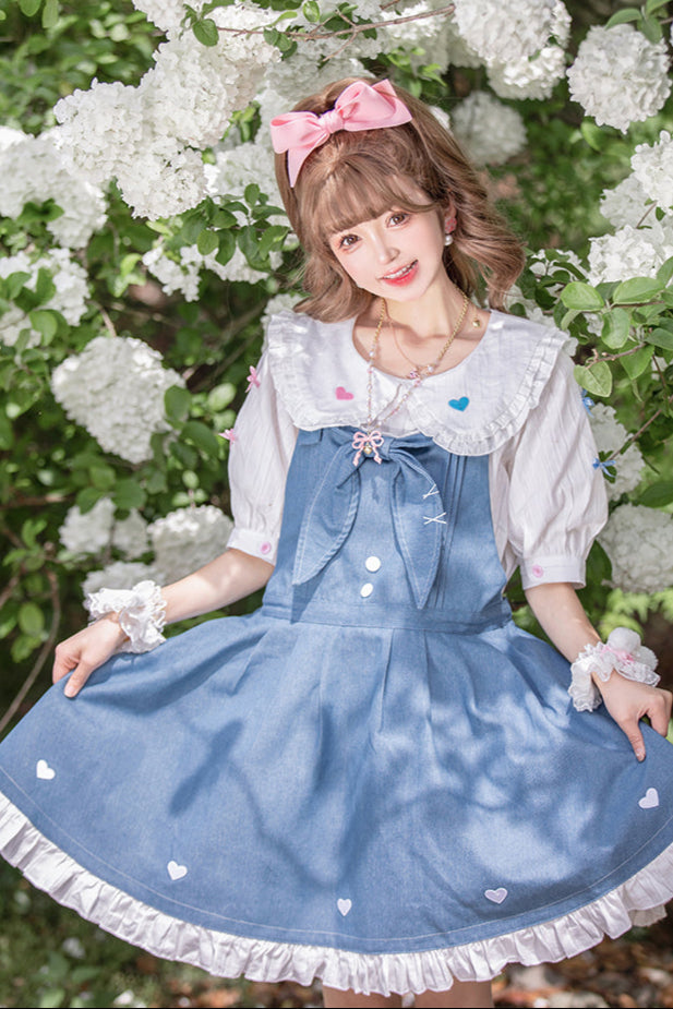 Light Raw Denim Lolita Jumper-skirt + Doll Innerwear + Apron