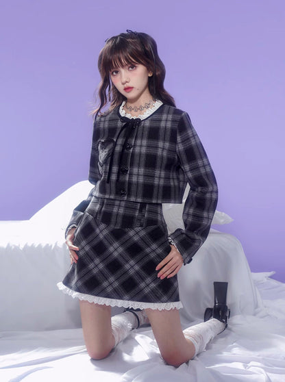 Dark Color Check Jacket + Lace Check Skirt
