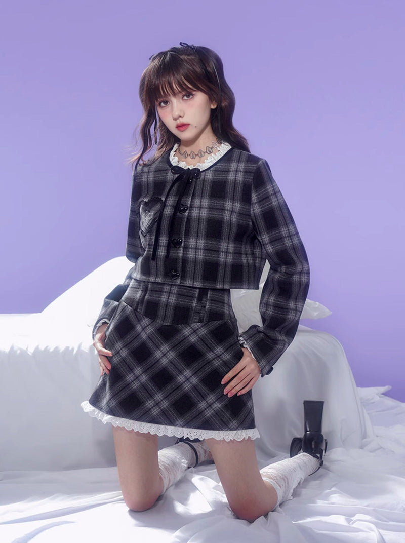 Dark Color Check Jacket + Lace Check Skirt