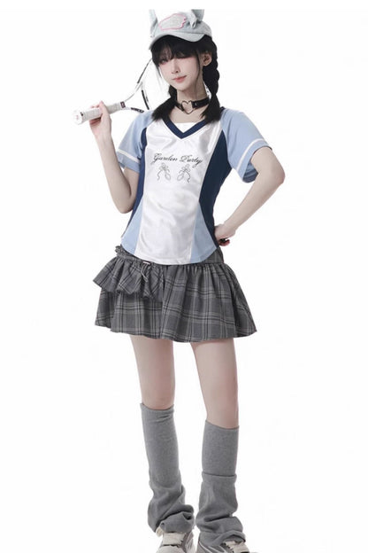 Blue Jersey Design Top + Ruffle Skirt + Hooded Top