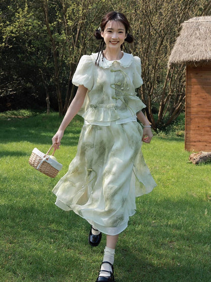 Chinese-style Tassel Chiffon Ruffle Layered Set