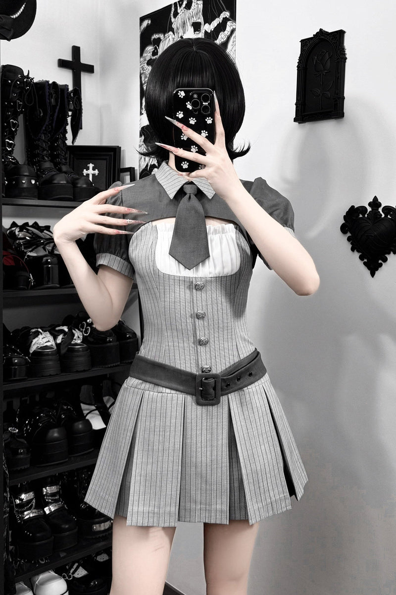 [pre-order Deadline: April 15] Gray Pinstripe Tie Collar Short Jacket Dress Full Set + Jewel Casquette