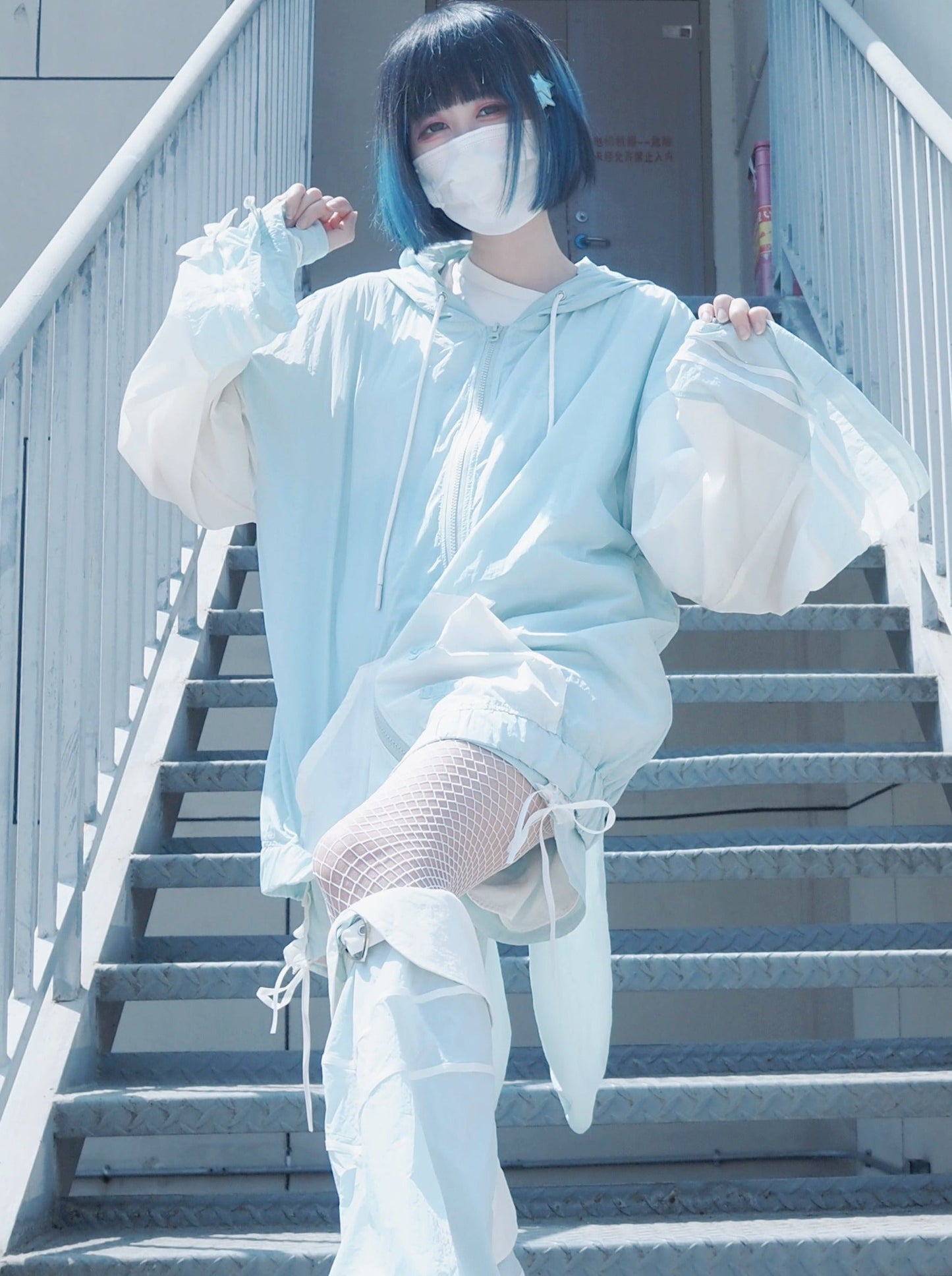 [angel Style] Aqua Angel Subculture Hooded Hoodie + Ribbon Shorts + Leg Warmers