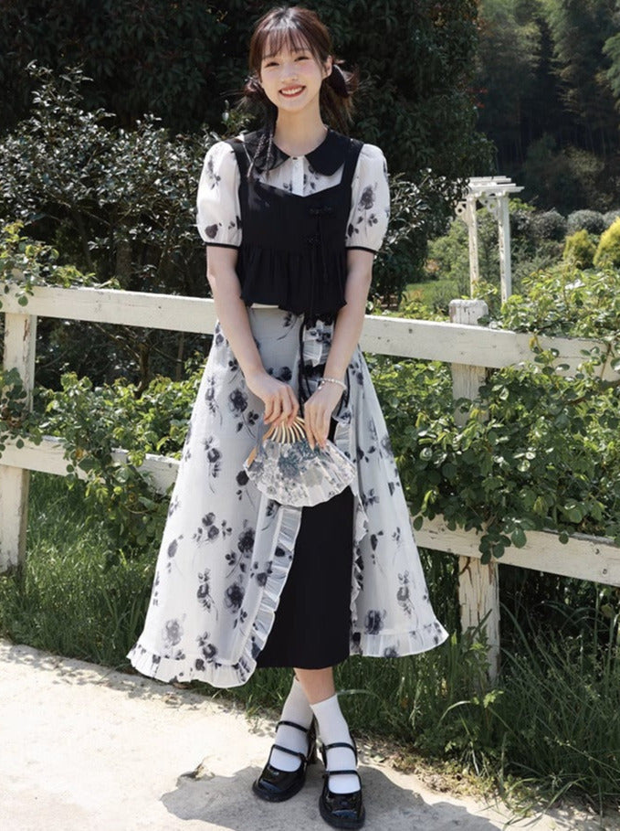 Chinese-style Black White Top Bustier Skirt Three Piece Set