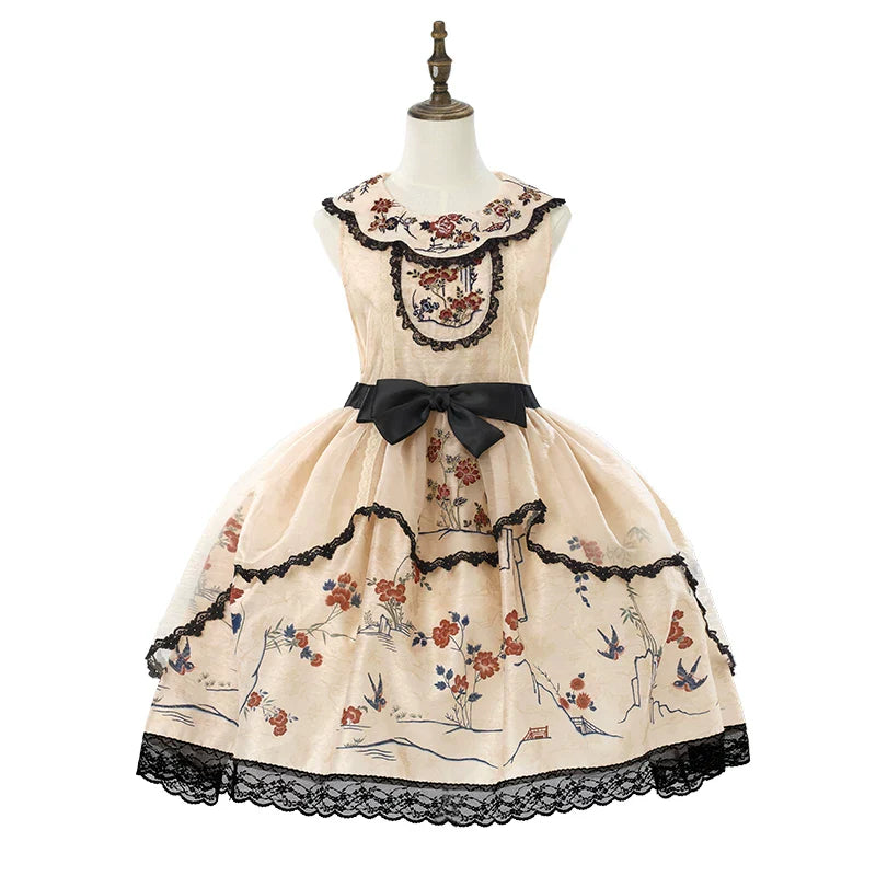 Flower and Bird Printed Dress + Top + Outer + Hat