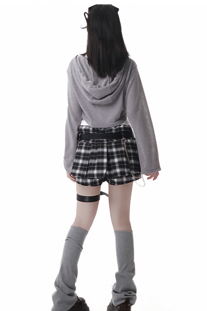 Y2k Hooded Crop Top + Sleeveless Shirt With Tie + Plaid Culottes
