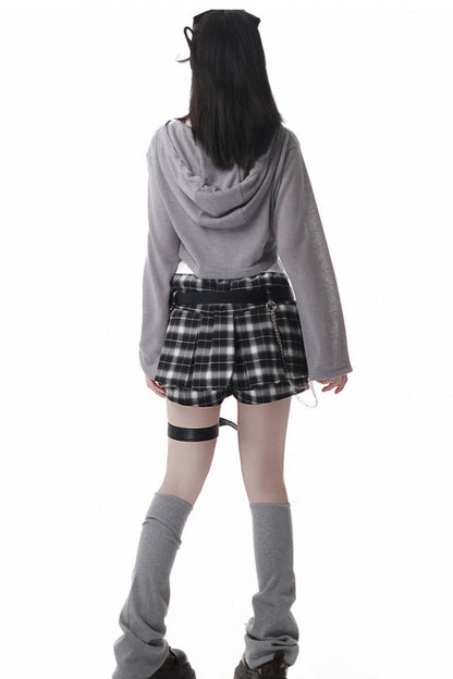 Y2k Hooded Crop Top + Sleeveless Shirt With Tie + Plaid Culottes