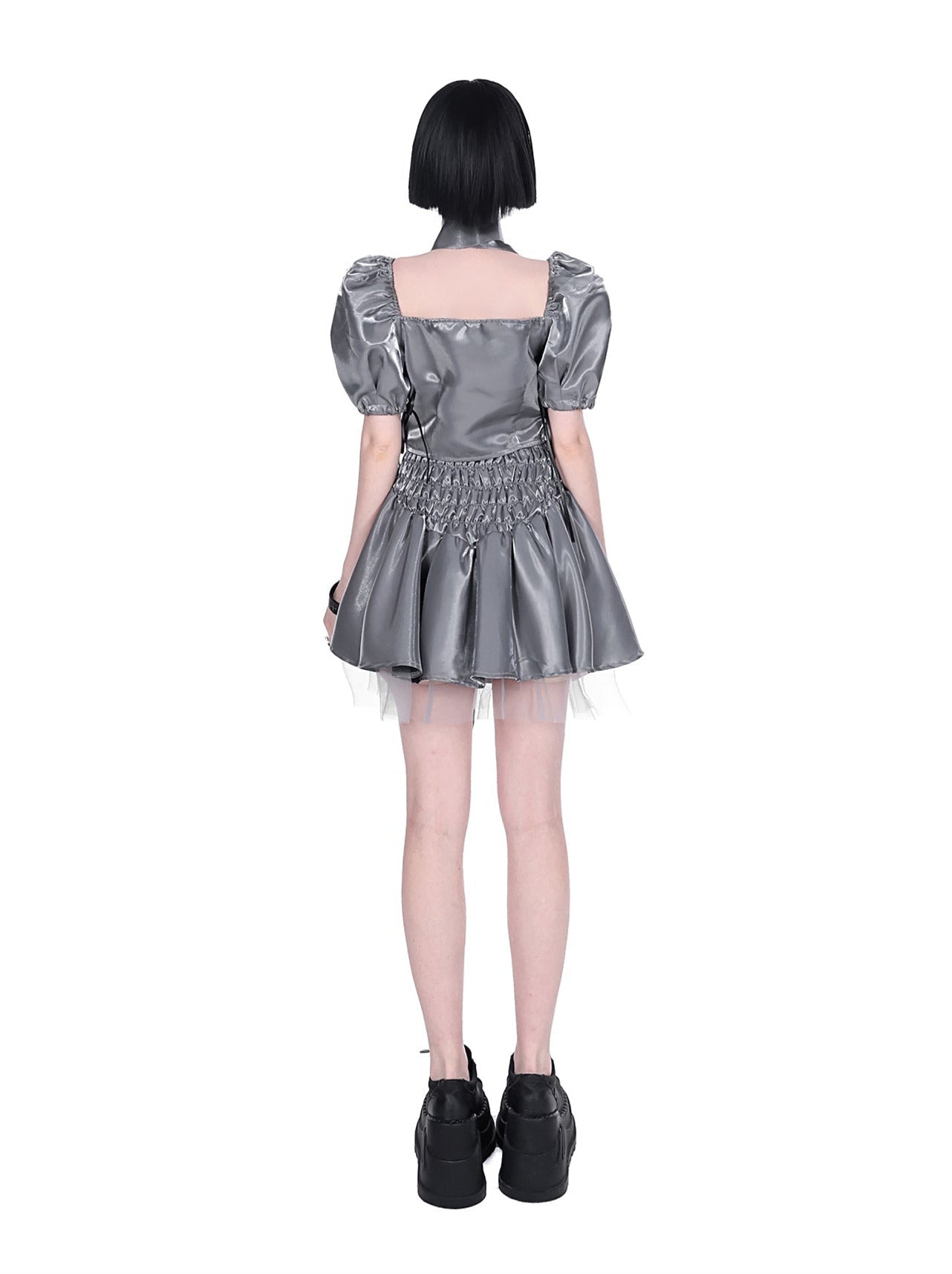Cyberpunk Glitter Set Cross Neck Stole + Puff Sleeve Short Top + Lace Up Tulle Skirt
