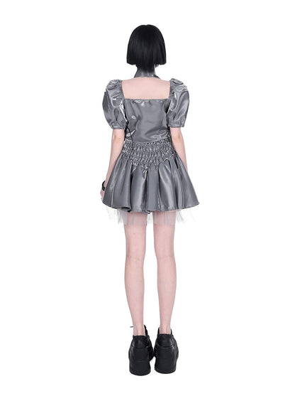 Cyberpunk Glitter Set Cross Neck Stole + Puff Sleeve Short Top + Lace Up Tulle Skirt
