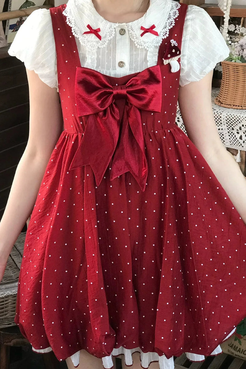 Ribbon Collar Top + Polka Dot Suspender Skirt