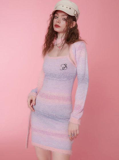 Gradient Striped Knit Dress + Bow Tie Knit Short Cardigan