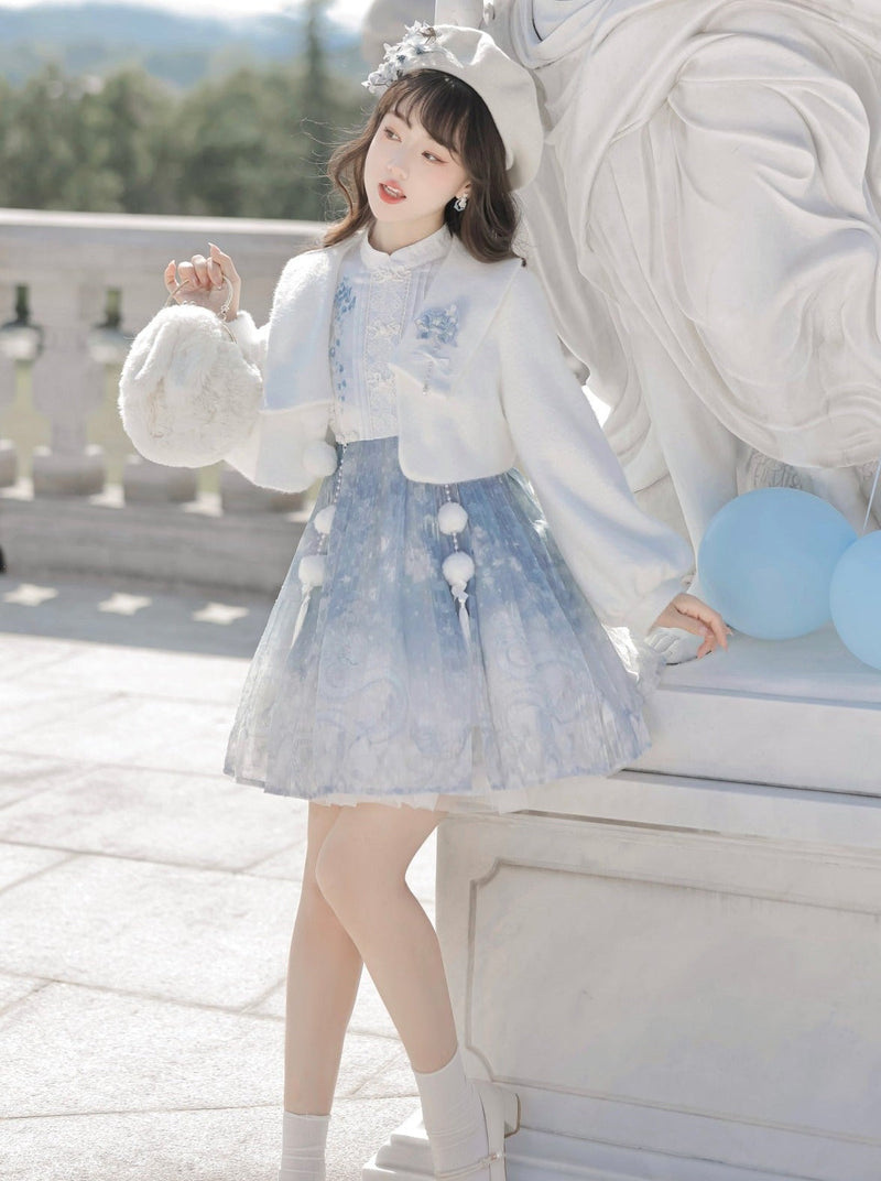 Ice Blue Chinese-style Dress + Fur Short Coat