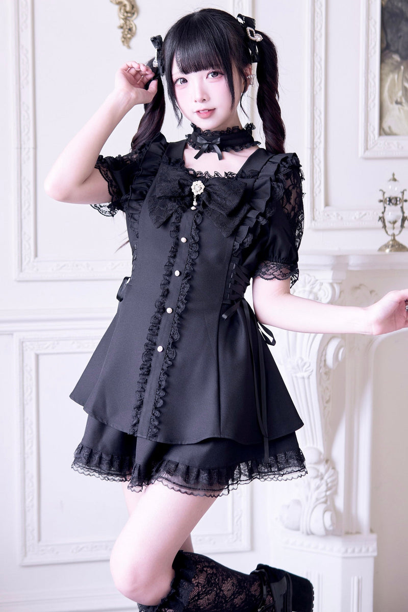 Jirai Stripe Lace Puff Sleeve Top + Short Skirt