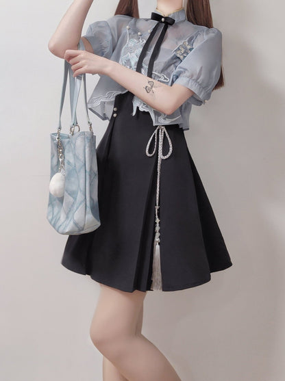 Chinese-style Embroidery Short Top + Suspender Skirt Suit