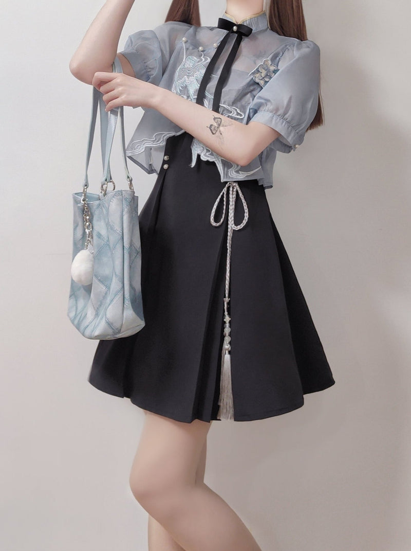 Chinese-style Embroidery Short Top + Suspender Skirt Suit