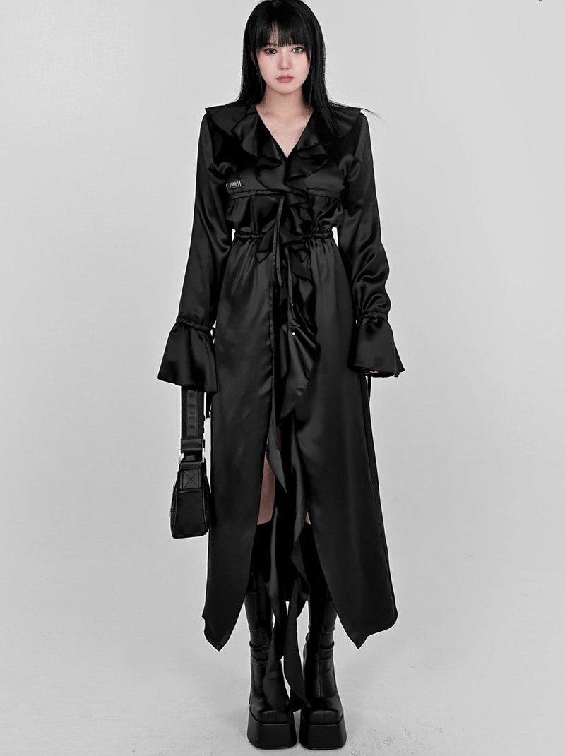Ruffle Lace Drawstring Waist Shirt Extra Long Jacket