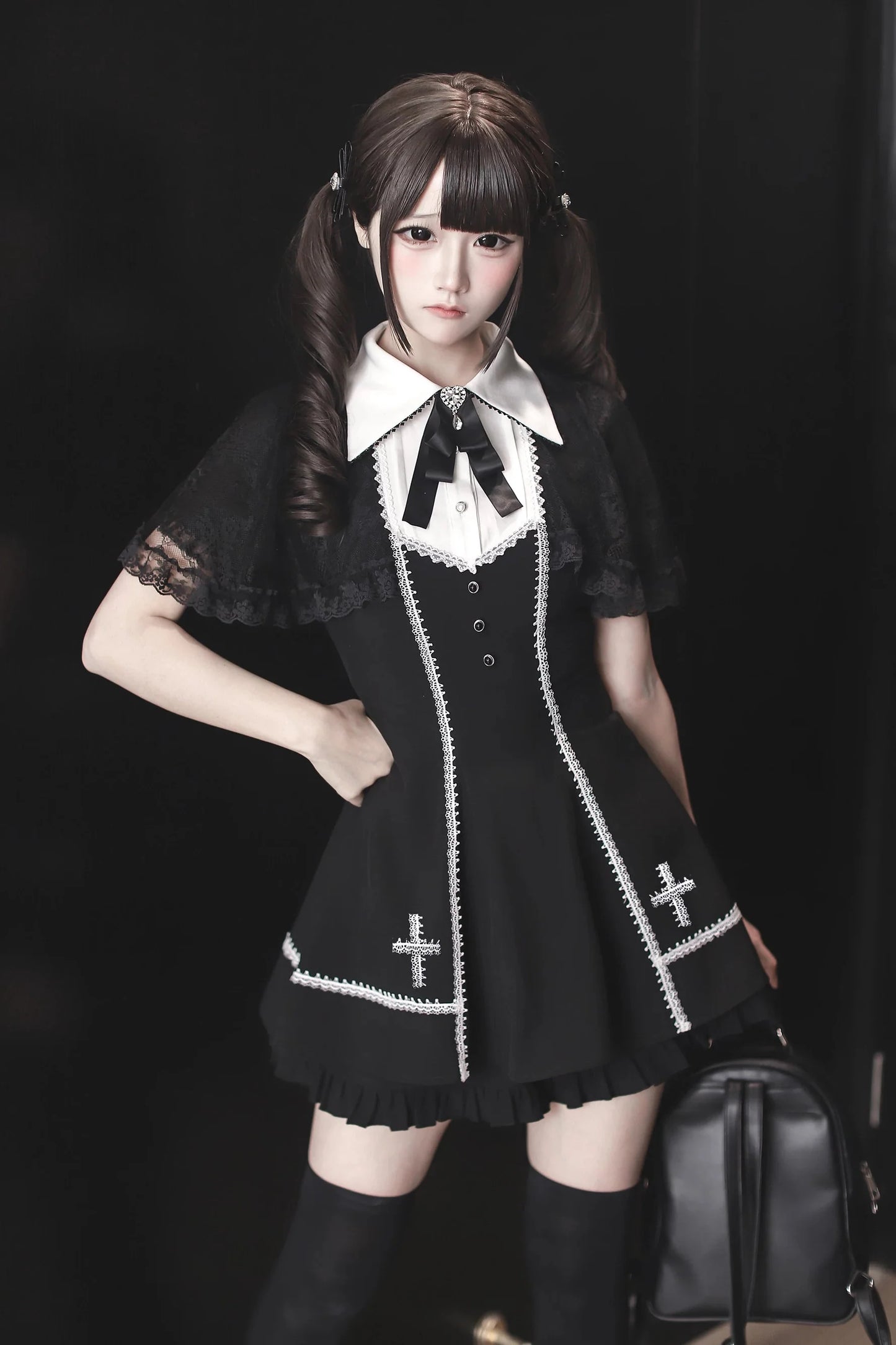 [pre-order Deadline: April 29] Black Gothic Cape Sleeve Cross Detail Ribbon Collar Dress Set