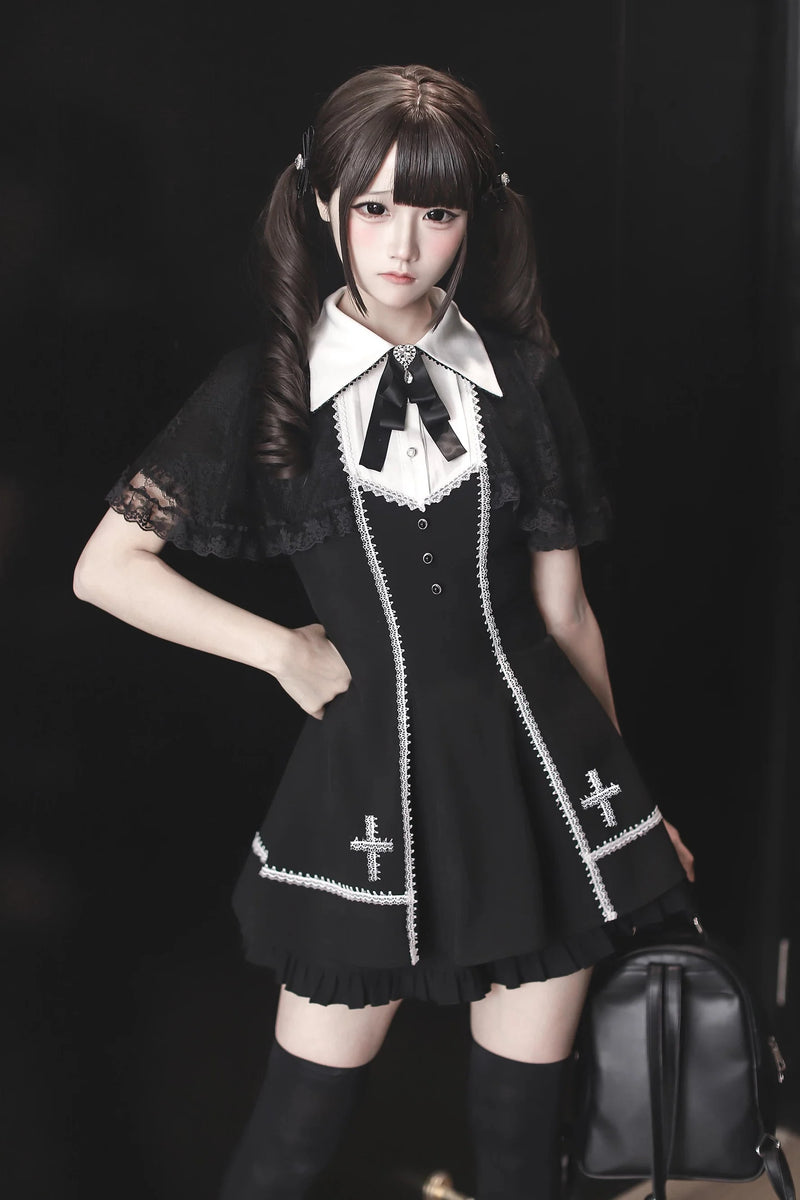 [pre-order Deadline: April 29] Black Gothic Cape Sleeve Cross Detail Ribbon Collar Dress Set