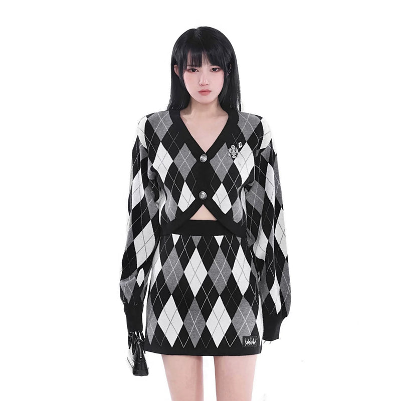 Spicy Retro Loose Slim Argyle Knit Suit Set