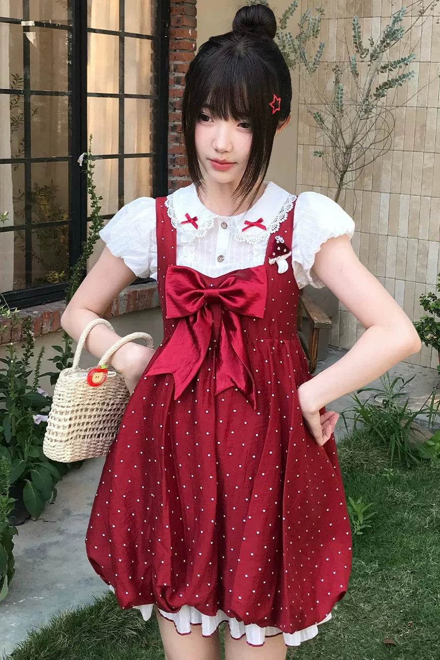 Ribbon Collar Top + Polka Dot Suspender Skirt