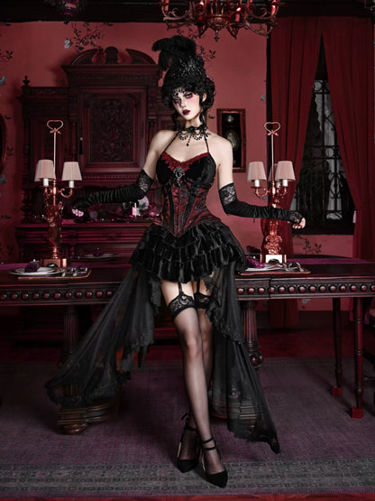 Duchess Gothic Velvet Long Tail Belt Suspender Tulle Dress Suit