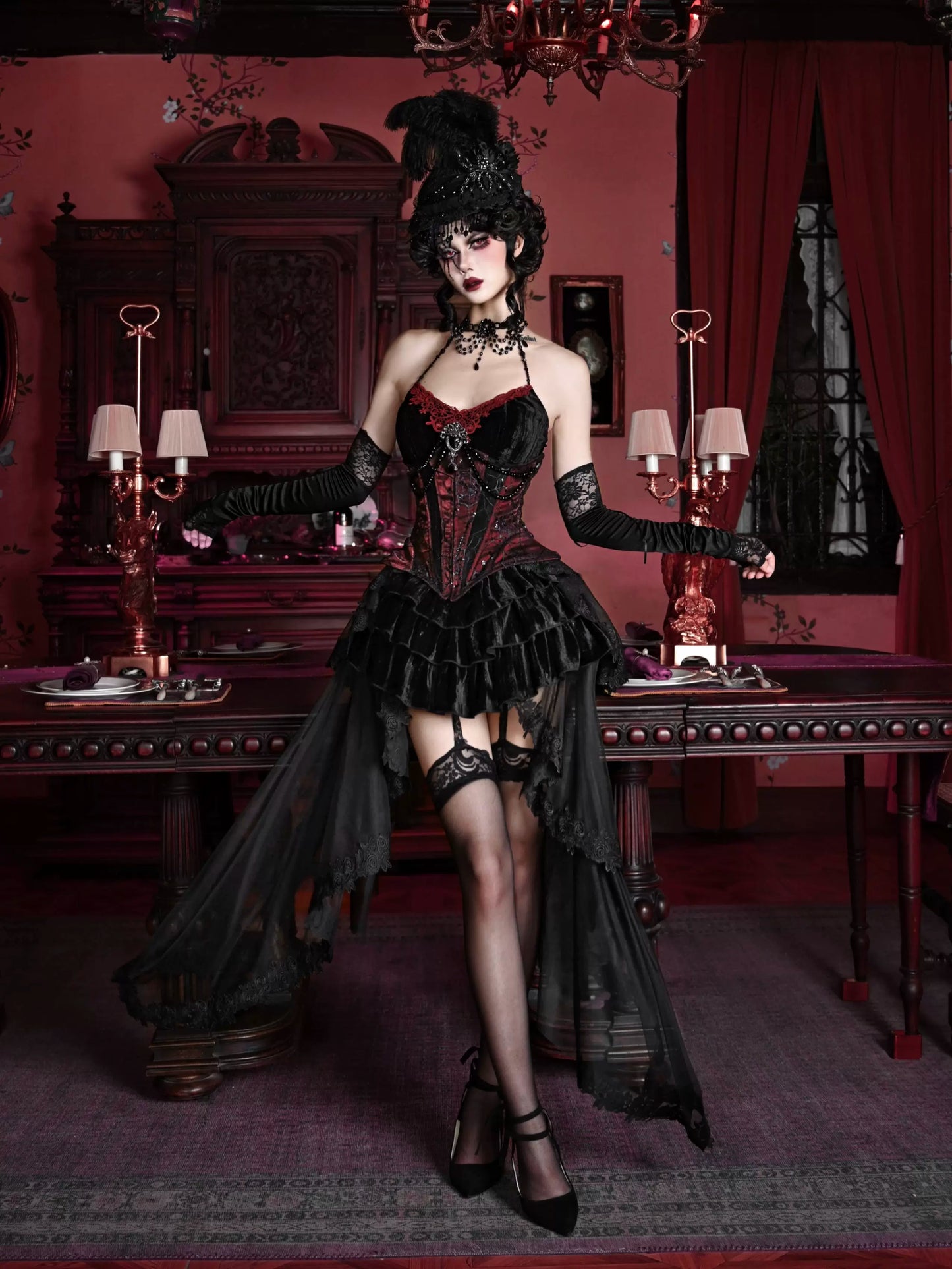 Duchess Gothic Velvet Long Tail Belt Suspender Tulle Dress Suit