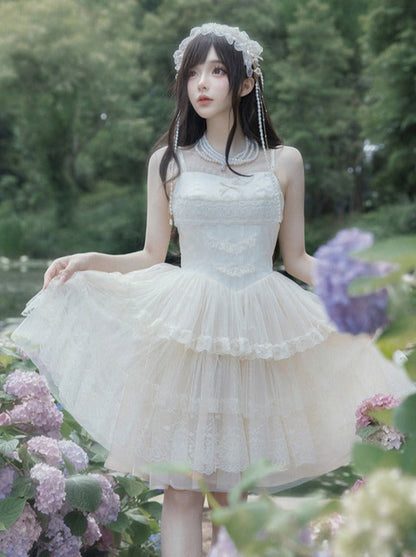 [pre-order] Pure White Girly Lolita Dress + Cardigan + Inner Top + Veil + Sleeves