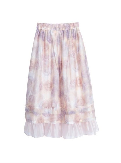 Chinese-style Rose Print Puff Sleeve Ruffle Shirt Skirt Two Piece Set