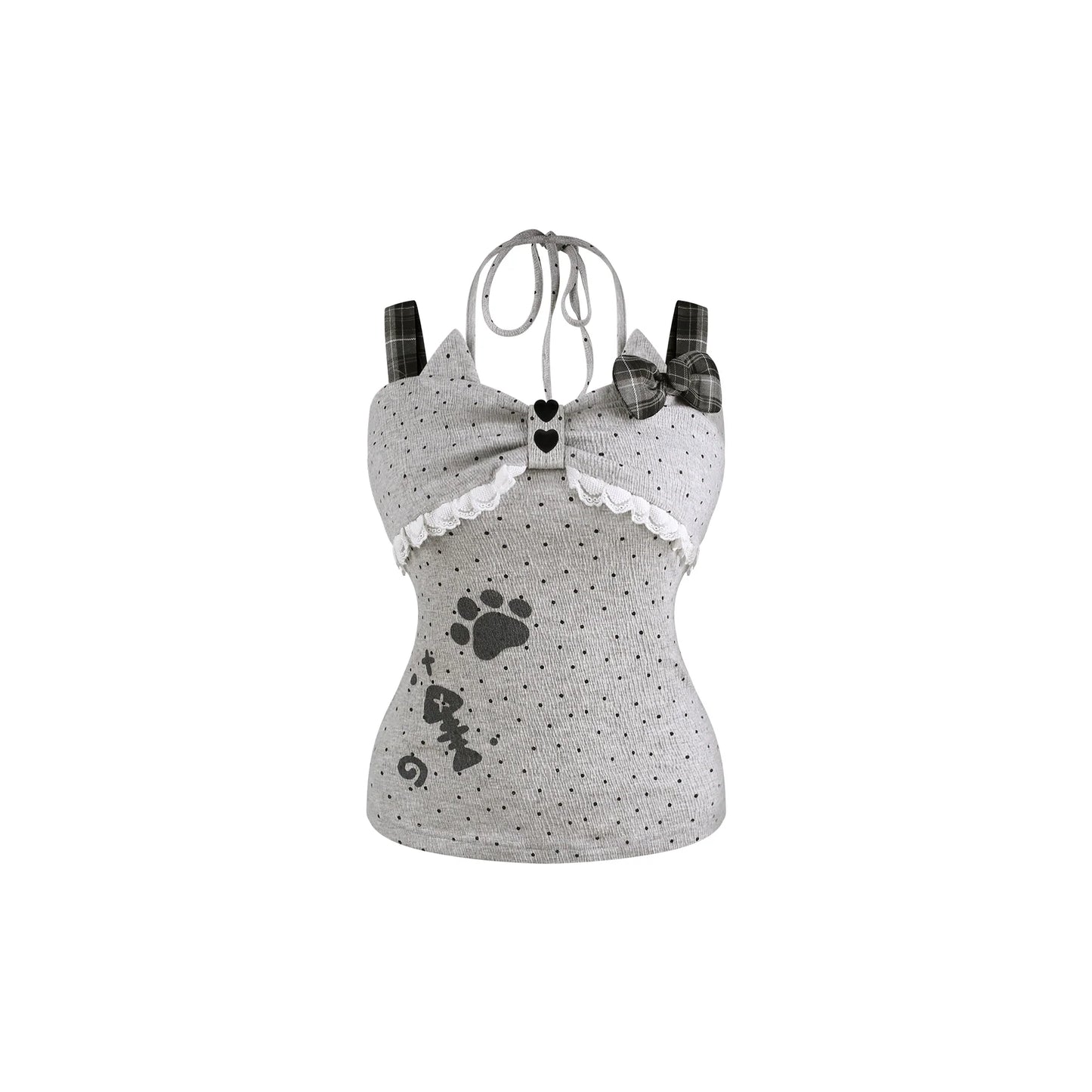 Black Cat Dot Camisole + Plaid Tiered Skirt