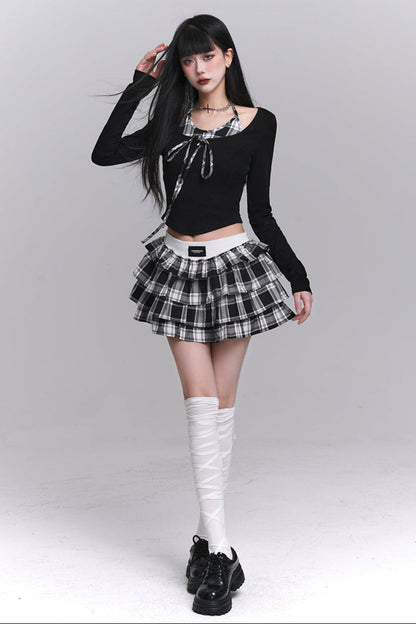 Plaid Top + Short Puff Skirt