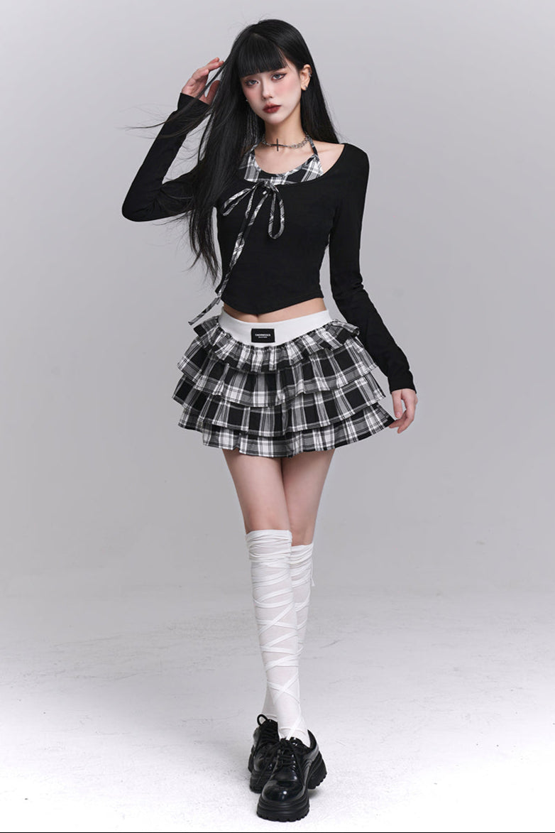 Plaid Top + Short Puff Skirt