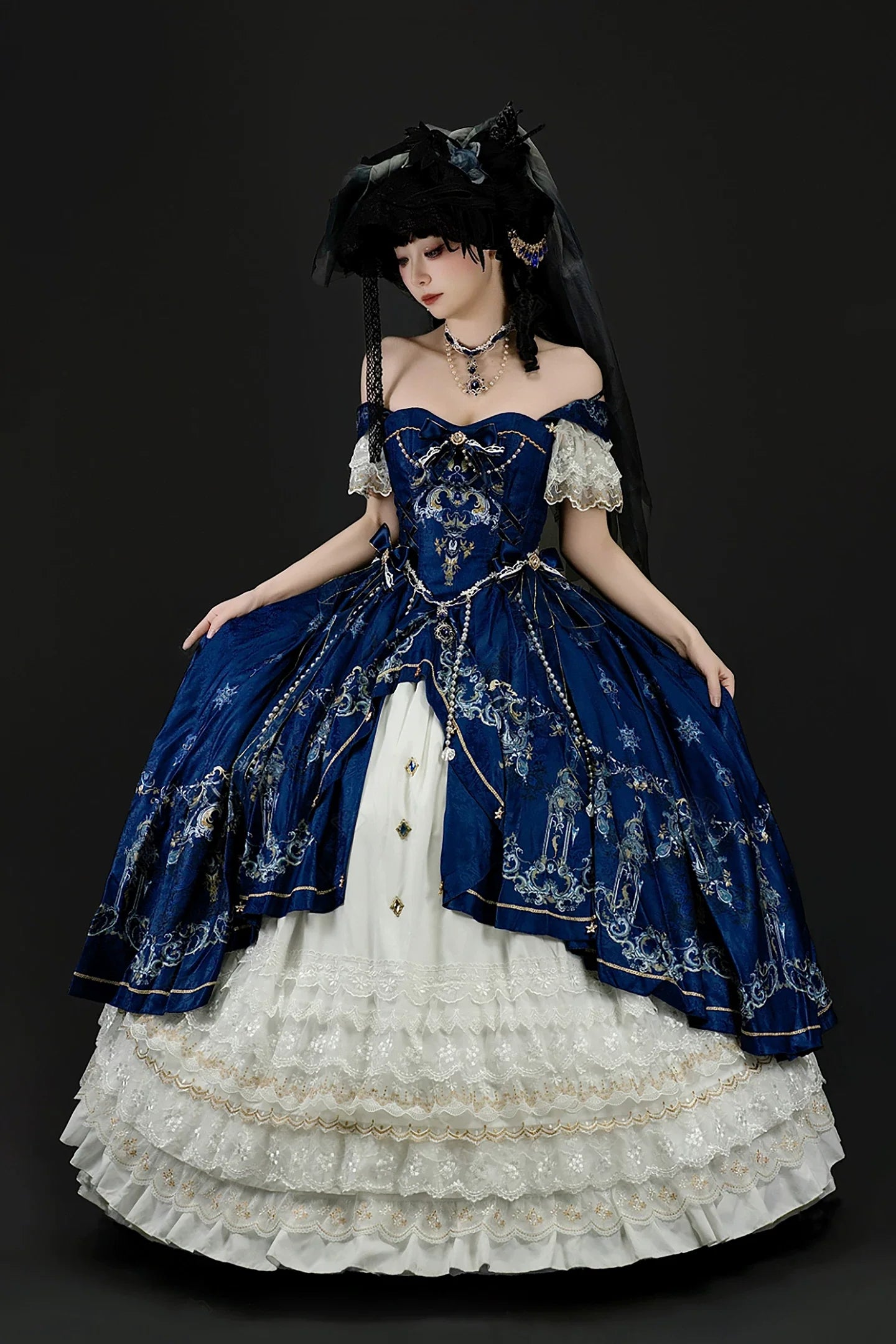 [pre-order Deadline: May 3] Dark Blue White Corset Lace Ribbon Lolita Jsk Princess Dress + Complete Set