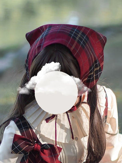 Little Red Riding Hood Cape Ribbon Coat + Pleated Collar Shirt + Plaid Tiered Dress + Head Scarf
