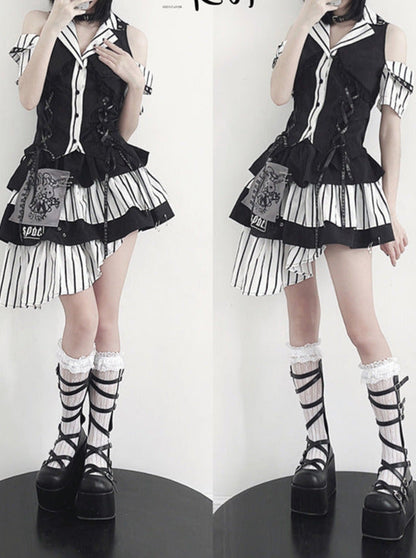 Code Rabbit Original Off Shoulder Striped Shirt + Asymmetric Striped Tiered Skirt + Cross Necktie