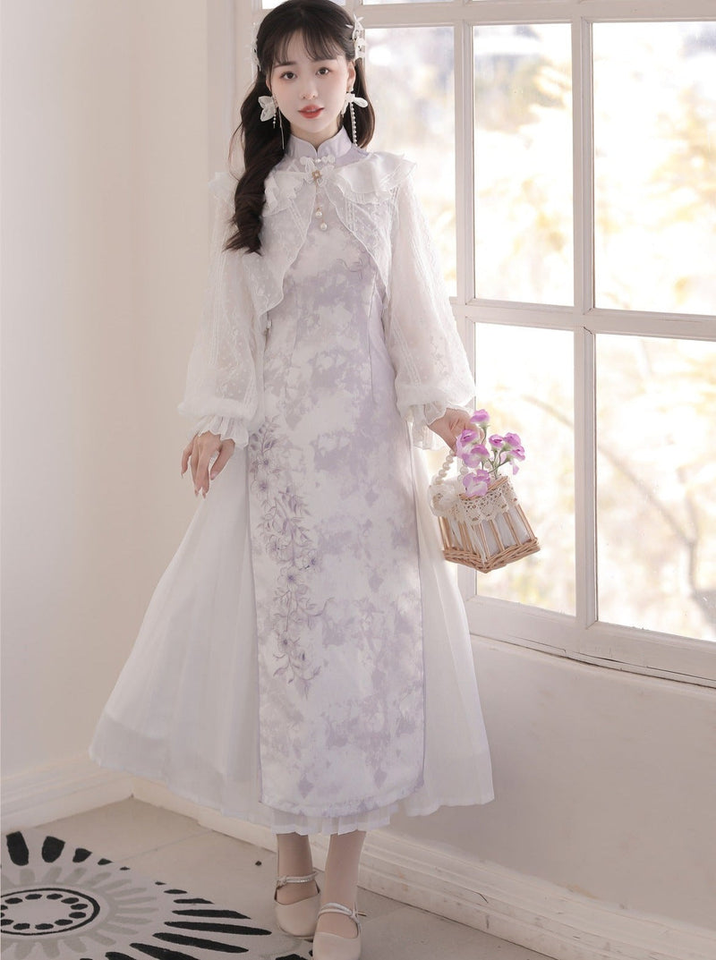 Sheer Cardigan + Flower Cheongsam Dress + Pleated Skirt