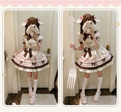 [pre-order] Bunny Ear Hair Clip + Pink Blue Sweet Maid Apron Dress