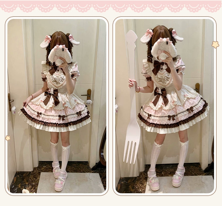 [pre-order] Bunny Ear Hair Clip + Pink Blue Sweet Maid Apron Dress