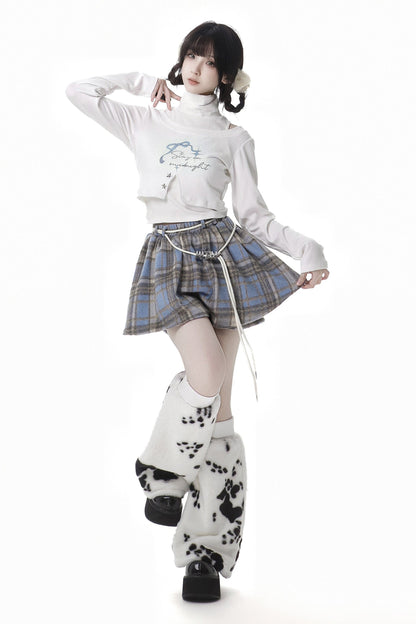 Starry Night Faux Fur Hoodie Plush Jacket Top Plaid Bottoms Set
