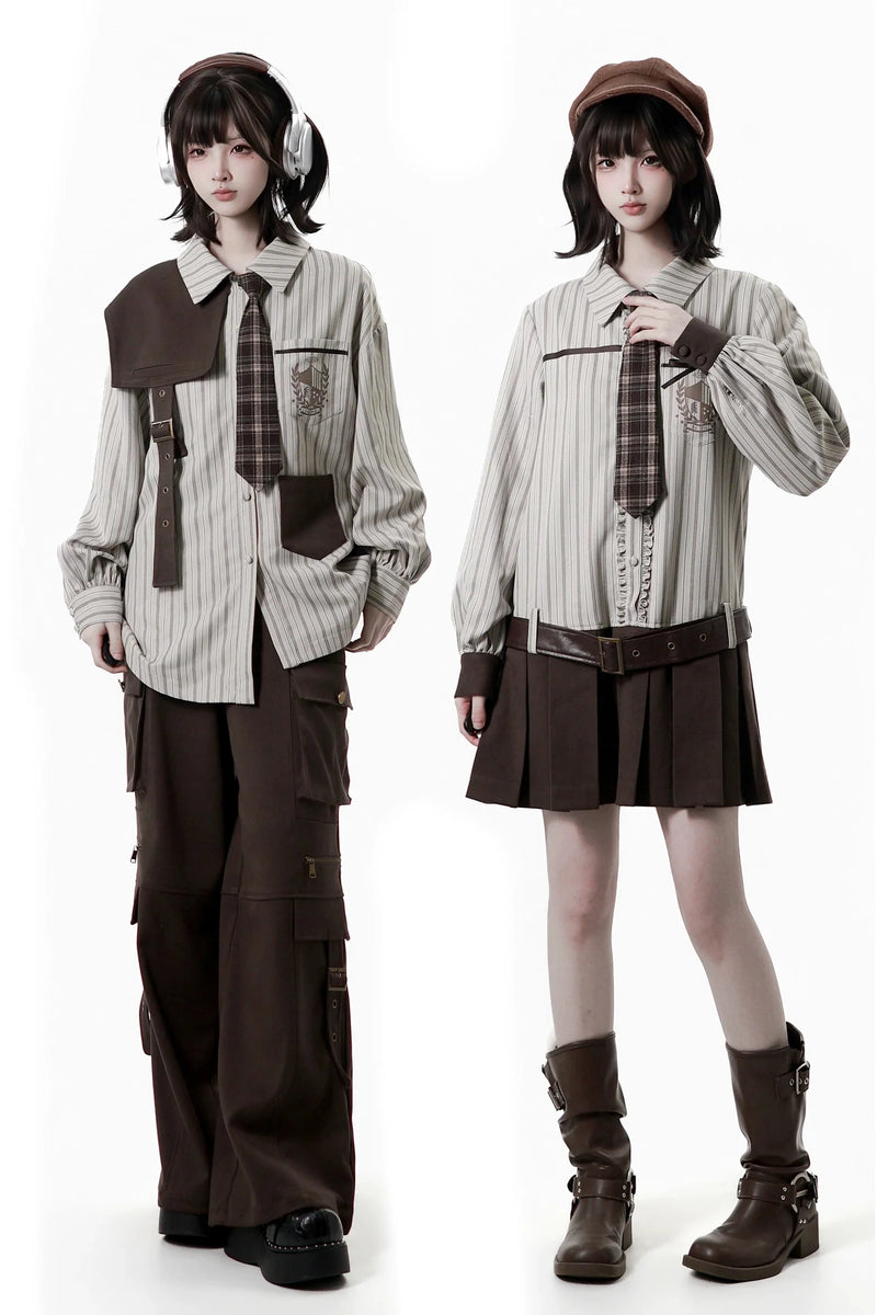 Striped Shirt Dress + Shirt + Cargo Pants + Tie
