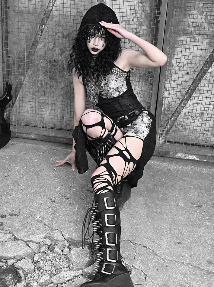 Punk Black Silver Mesh Sheer Slit Hooded Dress Suit