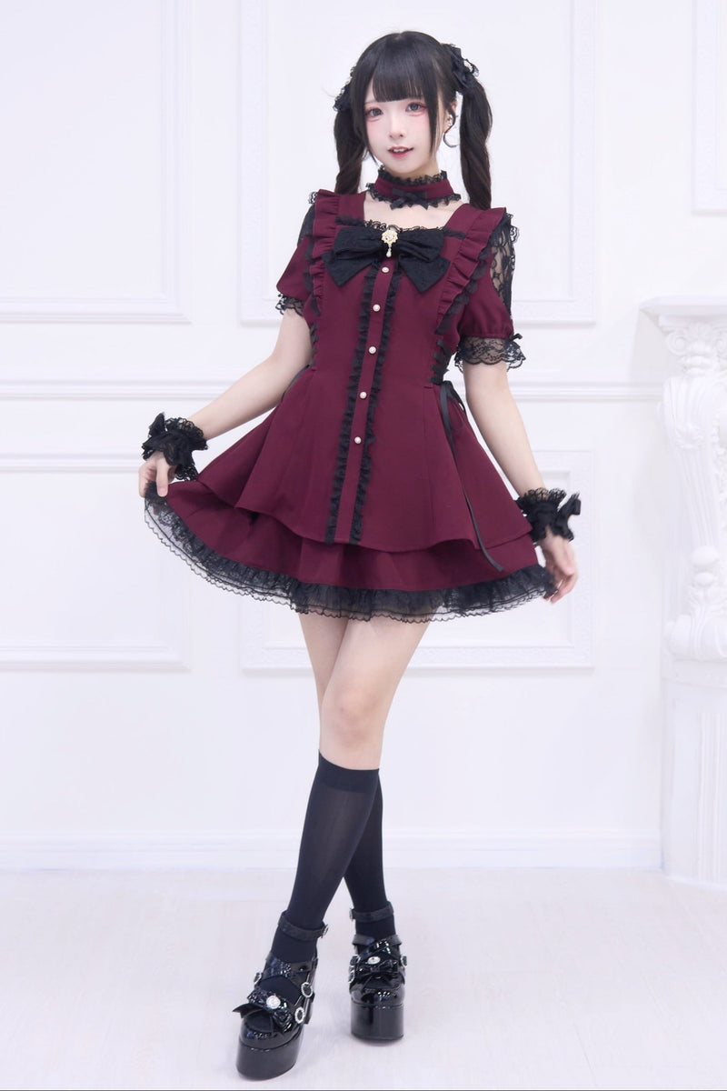 Jirai Stripe Lace Puff Sleeve Top + Short Skirt