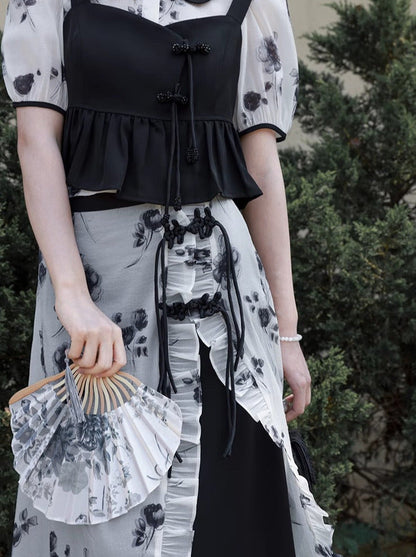 Chinese-style Black White Top Bustier Skirt Three Piece Set