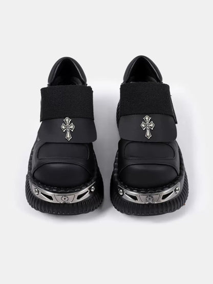 Metal Punk Cross Velcro Leather Platform Shoes